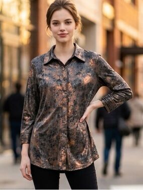 Boho Chic Women’s Metallic Abstract Button Front Tunic Blouse Brown Black Small